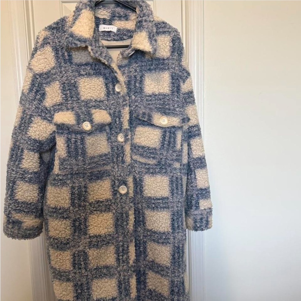 Oversized blue and white sherpa boucle coat
